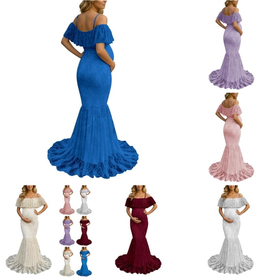 Gyujnb Off Shoulder Ruffle Flutter Sleeve Lace Maternity Gown Thin Spaghetti Strap Liner Fitted Long Train Formal Dress Elegant Outfit for Maternity Photoshoot Postpartum Party Wear,XL