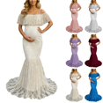 thumbnail image 1 of Gyujnb Off Shoulder Ruffle Flutter Sleeve Lace Maternity Gown Thin Spaghetti Strap Liner Fitted Long Train Formal Dress Elegant Outfit for Maternity Photoshoot Postpartum Party Wear,XL, 1 of 9
