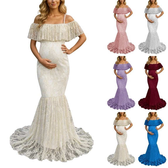 Gyujnb Off Shoulder Ruffle Flutter Sleeve Lace Maternity Gown Thin Spaghetti Strap Liner Fitted Long Train Formal Dress Elegant Outfit for Maternity Photoshoot Postpartum Party Wear,XL