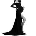thumbnail image 1 of Gyujnb Off Shoulder V Neck Long Sleeve Solid Stretch Maternity Maxi Gown High Side Slit Sweep Train Dress for Maternity Photoshoot Formal Photography Outfit,S, 1 of 5