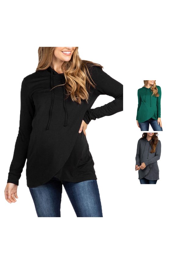 Gyujnb Solid Drawstring Hooded Maternity Tunic Top Soft Stretch Knit Side Wrap Nursing Opening Irregular Hem Long Sleeve Casual Outfit,XXL