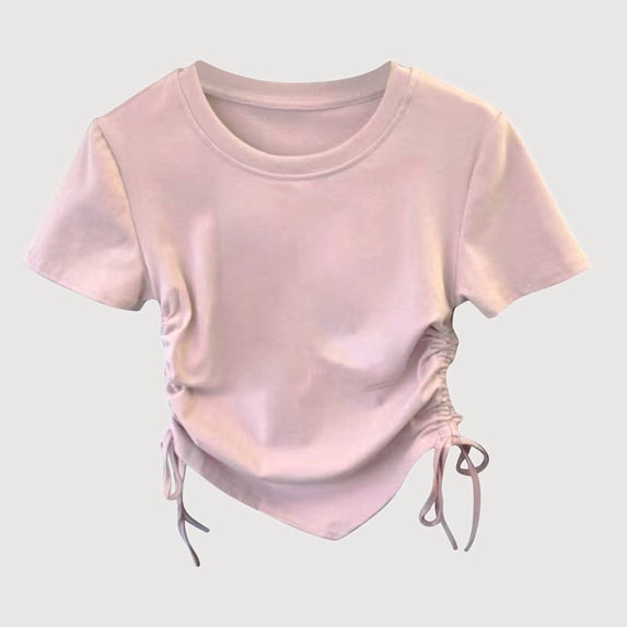 Gyujnb Solid Drawstring Ruched Round Neck Short Sleeve Casual Kids T Shirt (Girls),5-6 Years