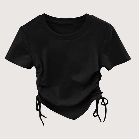 Gyujnb Solid Drawstring Ruched Round Neck Short Sleeve Casual Kids T Shirt (Girls),7-8 Years