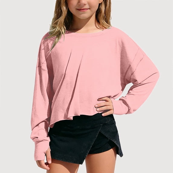 Gyujnb Solid Loose Fit Long Sleeve Cropped Top with Back Cutout Casual Blouse For Youth (Girls),7-8 Years