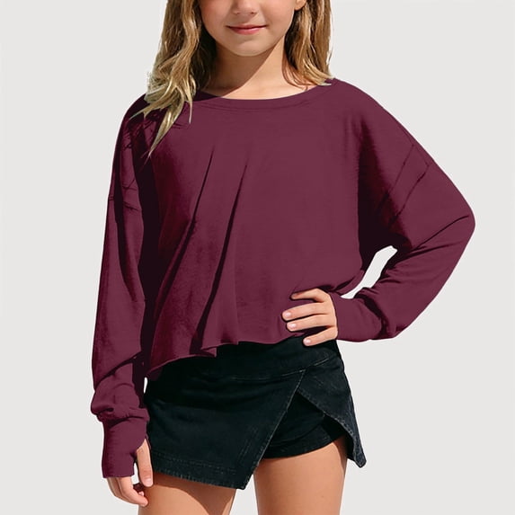Gyujnb Solid Loose Fit Long Sleeve Cropped Top with Back Cutout Casual Blouse For Youth (Girls),7-8 Years
