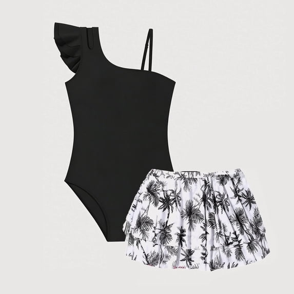 Gyujnb Solid One-Shoulder Swimsuit with Tropical Print Mesh Skirt for Summer Beach Pool (Big Girls),15-16 Years