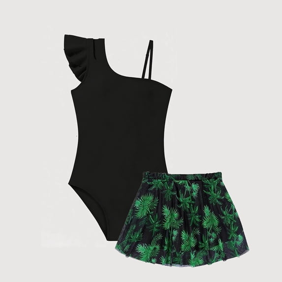 Gyujnb Solid One-Shoulder Swimsuit with Tropical Print Mesh Skirt for Summer Beach Pool (Big Girls),15-16 Years