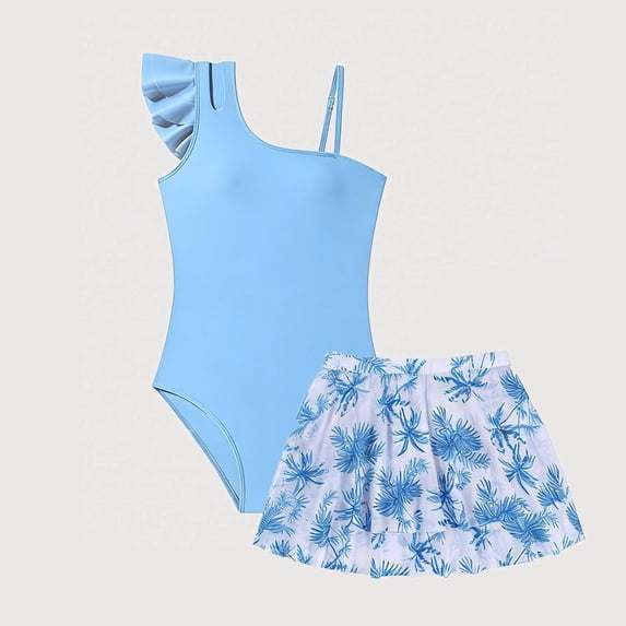 Gyujnb Solid One-Shoulder Swimsuit with Tropical Print Mesh Skirt for Summer Beach Pool (Big Girls),9-10 Years