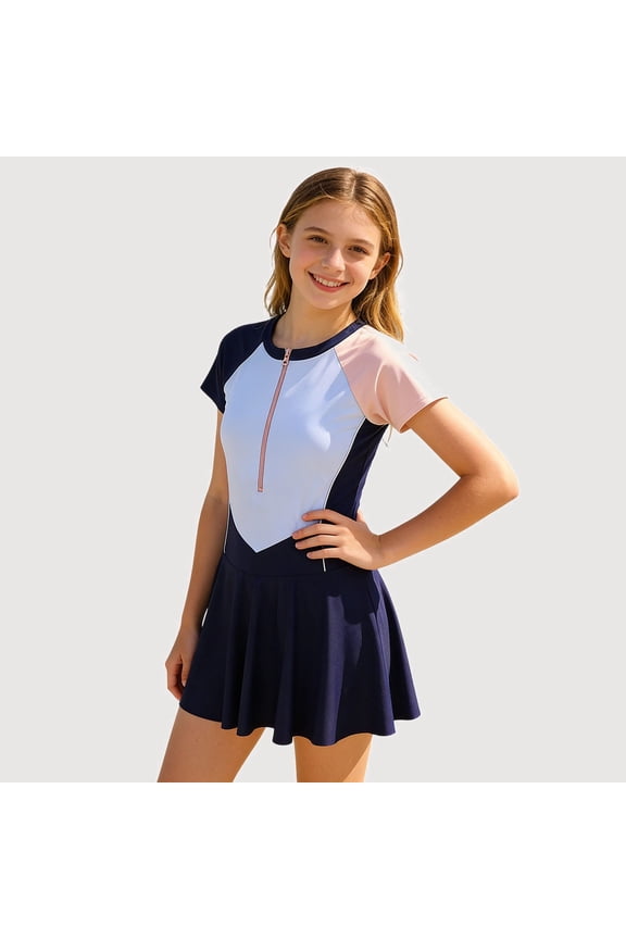 Gyujnb Sporty Color Block One-Piece Swim Dress, Short Sleeve Zip Front Bathing Suit for Beach Pool (Big Girls),9-10 Years