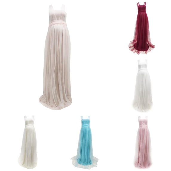 Gyujnb Square Neck Sleeveless Soft Tulle Maternity Maxi Gown Empire Waist Flowy Sweep Train Solid Dress for Maternity Photoshoot Formal Outfit,M
