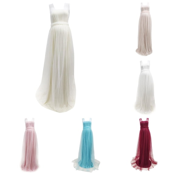 Gyujnb Square Neck Sleeveless Soft Tulle Maternity Maxi Gown Empire Waist Flowy Sweep Train Solid Dress for Maternity Photoshoot Formal Outfit,XL