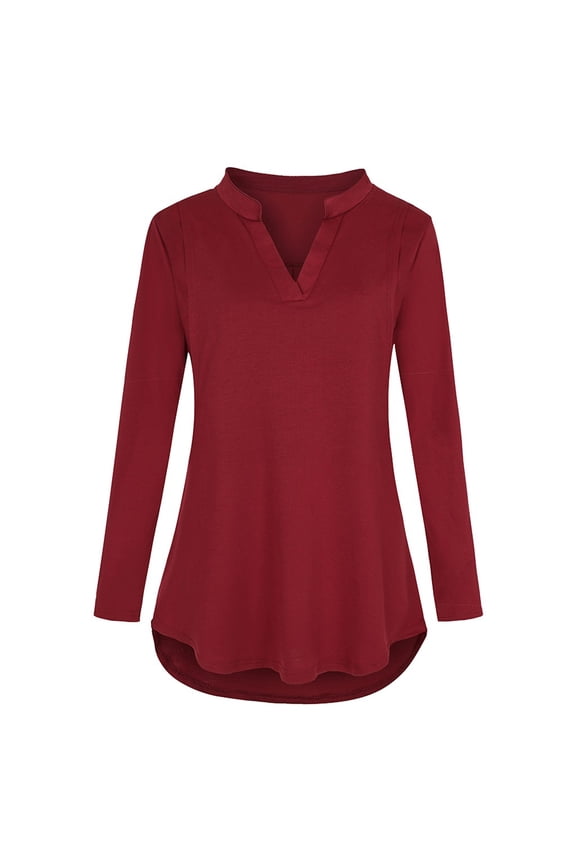 Gyujnb Stand Collar V Split Maternity Nursing Blouse Solid Soft Stretch Knit Long Sleeve Inner Hidden Feeding Panel Curved High Low Hem Top,S