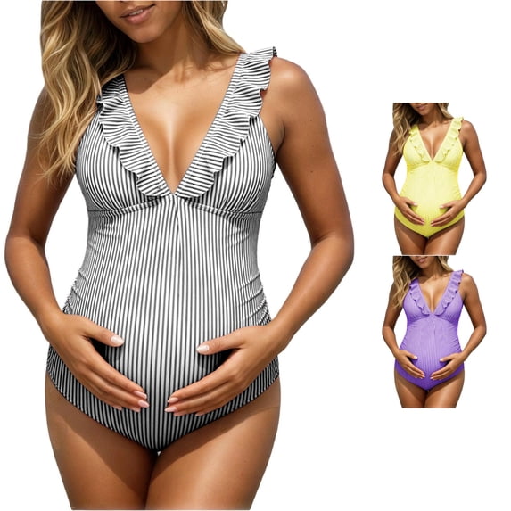 Gyujnb Striped Maternity One Piece Swimsuit V Neck Flounce Ruffle Side Shirring Back Tie Elastic Support Swimwear for Pool Beach,XL