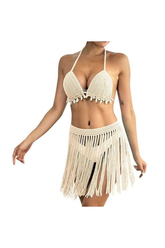 Swimsuit for Women,Hand Crocheted Women’s Two Piece Set Patchwork Fringe Bikini Top and Skirt Outfit,One Size