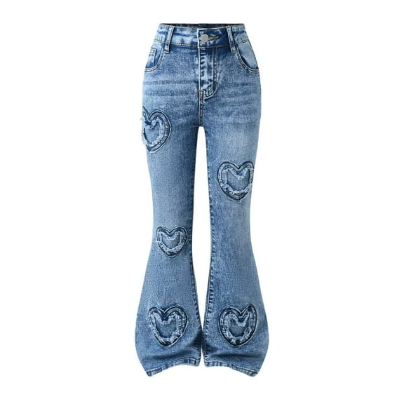 Gyujnb Teenage Girls Wearing Fashionable and Caring Embroidered Snowflake Like Washed Flared Jeans,Size:9-10 Years