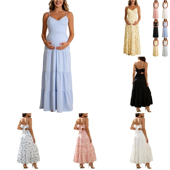 Gyujnb Thin Spaghetti V Neck Strap Maxi Dress All Over Ditsy Floral Print Lace Up Back Tie Fitted Bodycon Cut Elegant Gown for Maternity Photoshoot,XS