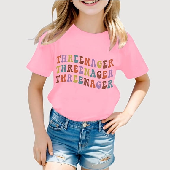 Gyujnb Threenager Letter Print Short Sleeve Crew Neck T Shirt Casual Kids Tee (Little Girls, Big Girls),6-7 Years