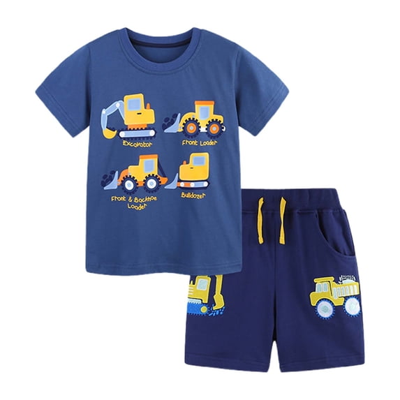 Gyujnb Toddler Boys Construction Vehicle Print 2 Piece Outfit Short Sleeve T Shirt and Shorts Summer Casual Set,5-6 Years
