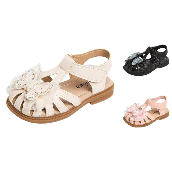 Gyujnb Toddler Closed Toe Sandals Rhinestone Butterfly Decor Hook and Loop Non- Beach Sandals for Kids,10-10.5 Years