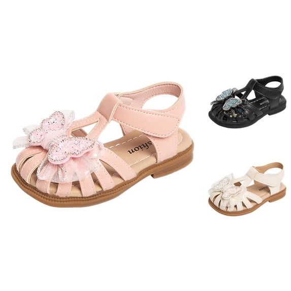 Gyujnb Toddler Closed Toe Sandals Rhinestone Butterfly Decor Hook and Loop Non- Beach Sandals for Kids,4-4.5 Years