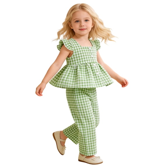 Gyujnb Toddler Girls 2 Piece Gingham Flutter Sleeve Top and Wide Leg Pants Casual Outfit Set,4-5 Years