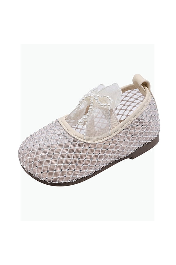 Gyujnb Toddler Girls' Fairy Style Mesh Flats Breathable Pearl Bow Closed Toe Summer Sandals Lightweight Comfort Play Shoes for Girls,3 Years