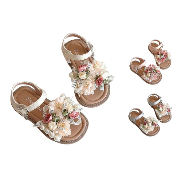 Gyujnb Toddler Girls Floral Pearl Sandals Adjustable Buckle Non- Sole for Summer Casual & Outdoor Wear,2.5-3 Years
