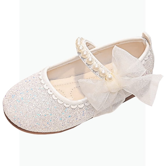 Gyujnb Toddler Girls Glitter Mary Jane Flats Pearl Bow Decor Adjustable Strap Soft Sole Princess Dress Shoes, Closed Toe,7.5-8 Years