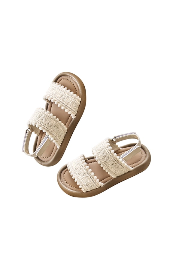 Gyujnb Toddler Girls Pom Pom Woven Sandals Elastic Strap Non- Soft Sole for Summer Outdoor & Casual Wear,4.5-5 Years