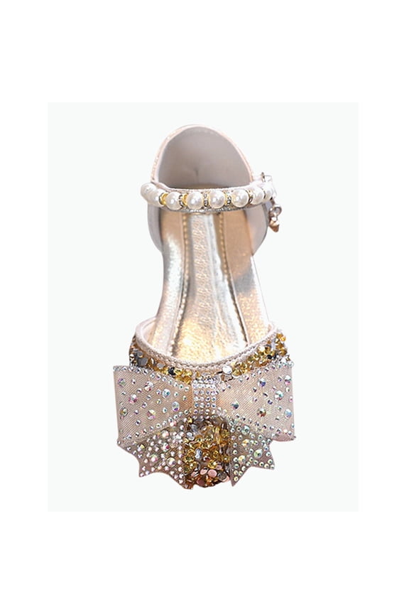 Gyujnb Toddler Girls Princess Flats Rhinestone Bow Pearl Strap Performance Dance Shoes, Closed Toe,5-5.5 Years