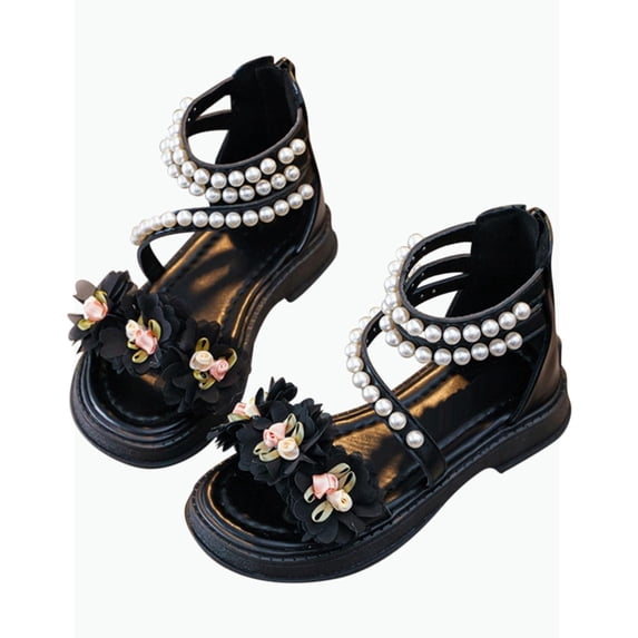 Gyujnb Toddler Girls Sandals Pearl Flower Decor Adjustable Strap Soft Sole Summer Princess Beach Shoes,4-4.5 Years