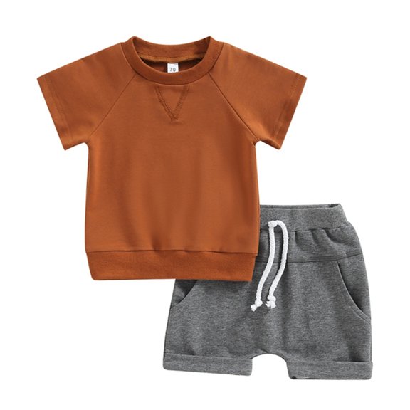 Gyujnb Toddler Kids Baby Boys Girls Outfit Clothes Sets Short Sleeve Solid O Neck Pullover Sweatshirt Tops Drawstring Shorts,18-24 Months