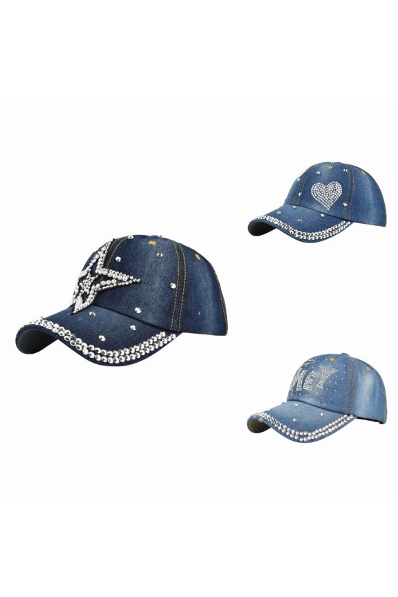 Gyujnb Unisex Throwback Washed Denim Baseball Cap with Heart Rhinestone Detail for Casual Daily Wear,One Size