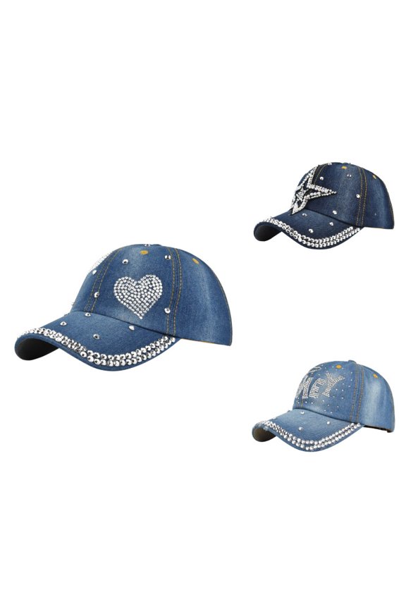 Gyujnb Unisex Throwback Washed Denim Baseball Cap with Heart Rhinestone Detail for Casual Daily Wear,One Size