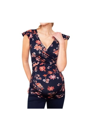 Gyujnb V Neck Flutter Ruffle Cap Sleeve Vintage Floral Maternity Blouse Wrap Cross Nursing Cut Side Ruched Soft Stretch Top Discreet Breastfeeding Postpartum ,S