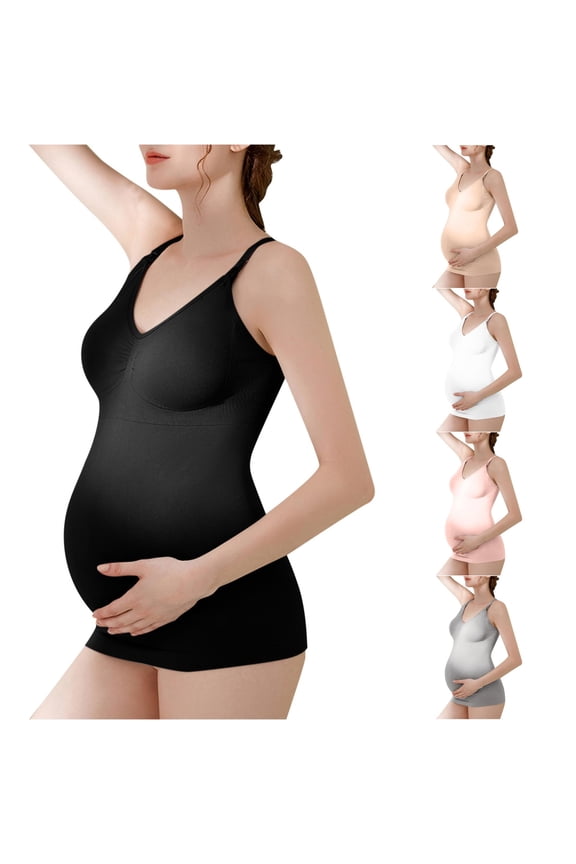 Gyujnb V Neck Maternity Nursing Camisole Tank Top Solid Seamless Soft Stretch Adjustable Clip Down Straps Built In Support Bra Full Bump Long Layering Cami,S
