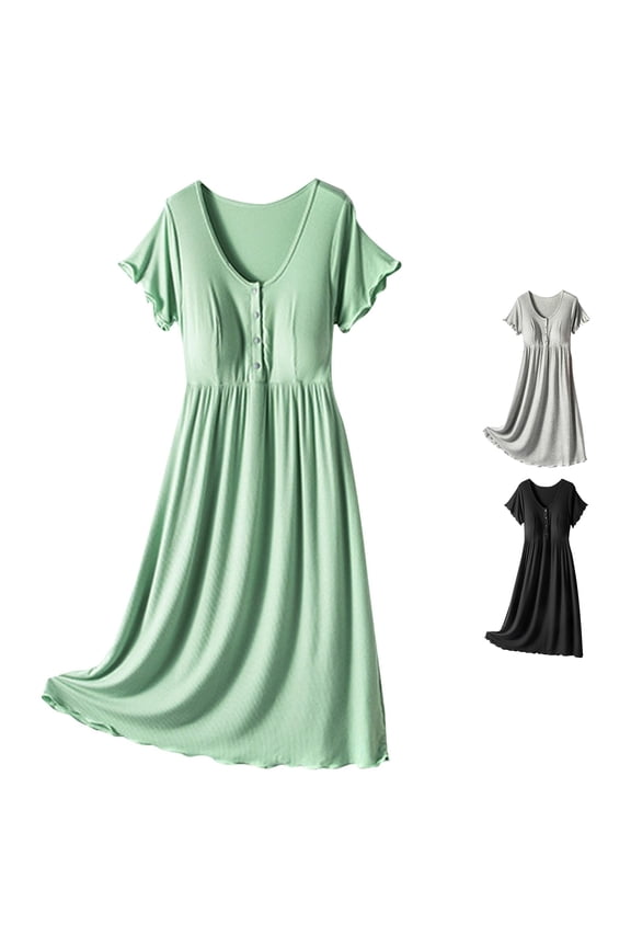 Gyujnb V Neck Ruffled Flutter Short Sleeve Maternity Midi Dress Front Button Empire High Waist Wavy Hem Soft Nursing Gown Discreet Breastfeeding Postpartum Casual Lactation Dress,XL