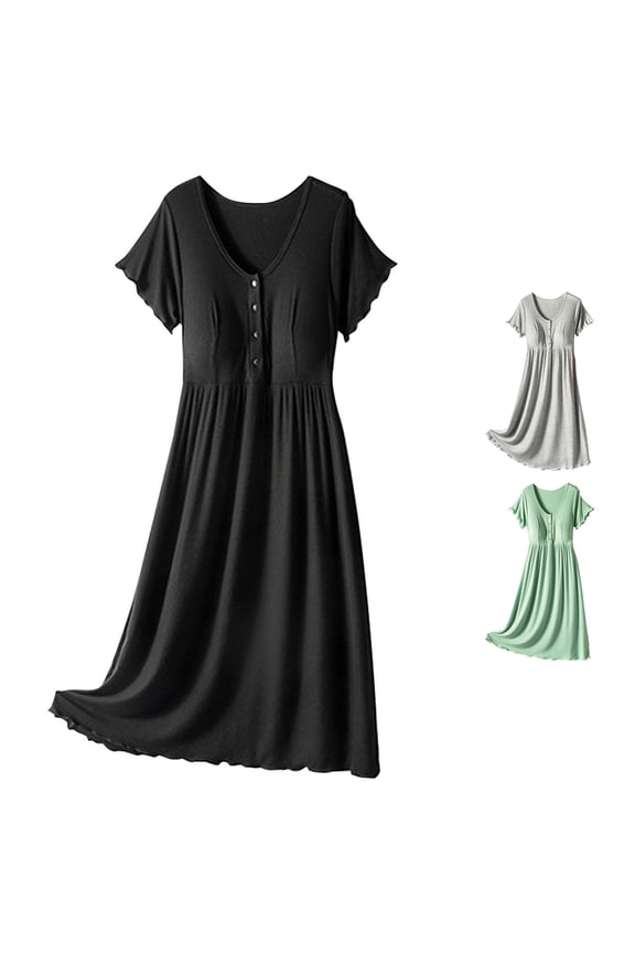 Gyujnb V Neck Ruffled Flutter Short Sleeve Maternity Midi Dress Front Button Empire High Waist Wavy Hem Soft Nursing Gown Discreet Breastfeeding Postpartum Casual Lactation Dress,M