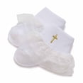 thumbnail image 1 of Gyujnb White Lace Ruffle Gold Cross Baptism Baby Crew Socks Soft Non- Grip for Baby Toddlers, 1 of 4