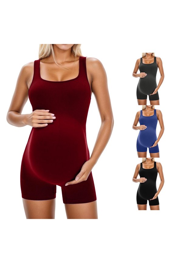 Gyujnb Wide Strap Square Neck Maternity Bodysuit Short Jumpsuit Vertical Ribbed Seamless Stretch Knit Segmented Full Bump Support Soft Compression Shapewear ,M