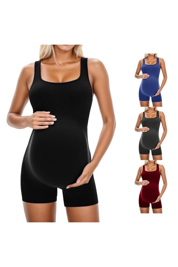 Gyujnb Wide Strap Square Neck Maternity Bodysuit Short Jumpsuit Vertical Ribbed Seamless Stretch Knit Segmented Full Bump Support Soft Compression Shapewear ,L