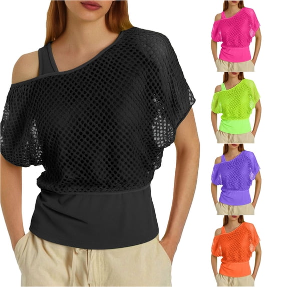 Gyujnb Women 80s Neon Fishnet Short Sleeve Cover‑Up Top with Matching Tank Top, 2‑Piece Set for Party Cosplay Club Outfits,Black