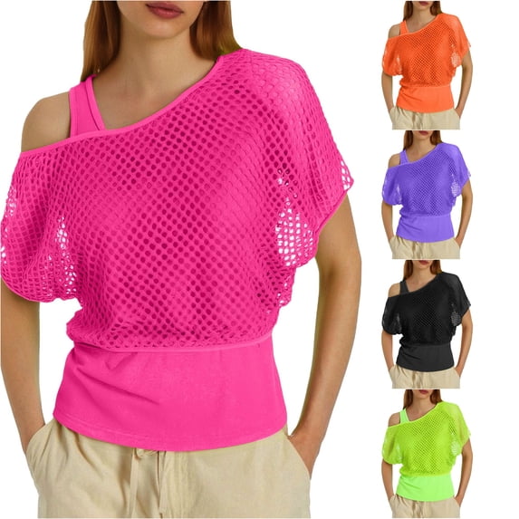 Gyujnb Women 80s Neon Fishnet Short Sleeve Cover‑Up Top with Matching Tank Top, 2‑Piece Set for Party Cosplay Club Outfits,Hot Pink