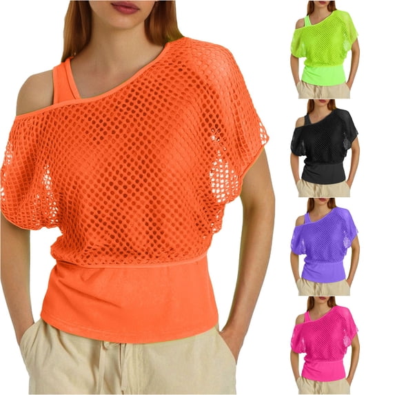 Gyujnb Women 80s Neon Fishnet Short Sleeve Cover‑Up Top with Matching Tank Top, 2‑Piece Set for Party Cosplay Club Outfits,Orange