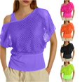 thumbnail image 1 of Gyujnb Women 80s Neon Fishnet Short Sleeve Cover‑Up Top with Matching Tank Top, 2‑Piece Set for Party Cosplay Club Outfits,Purple, 1 of 7