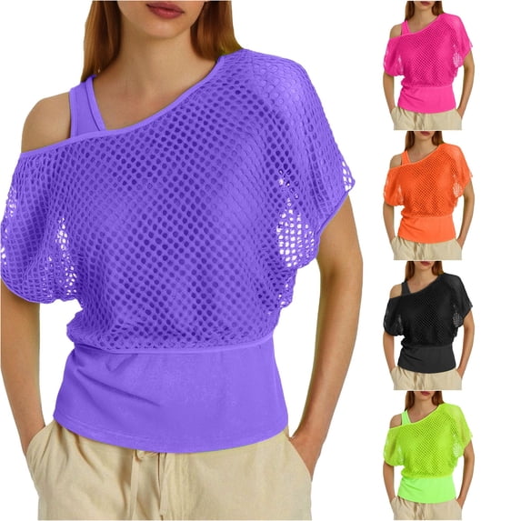 Gyujnb Women 80s Neon Fishnet Short Sleeve Cover‑Up Top with Matching Tank Top, 2‑Piece Set for Party Cosplay Club Outfits,Purple