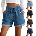 thumbnail image 1 of Gyujnb Women Casual Shorts, Drawstring Elastic Waist Roll‑Up Hem with Side Pockets,Blue, 1 of 4