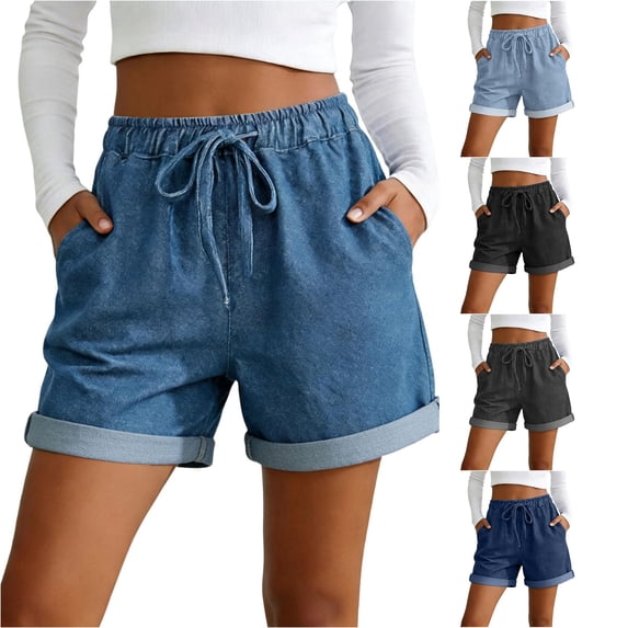 Gyujnb Women Casual Shorts, Drawstring Elastic Waist Roll‑Up Hem with Side Pockets,Blue