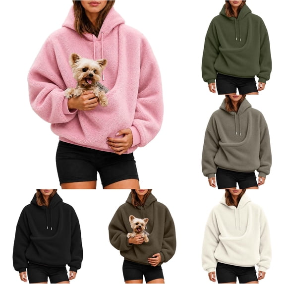 Gyujnb Women Double‑Sided Fleece Pet Carrier Hoodie, Loose Fit Kangaroo Pouch Hooded Sweatshirt for Carrying Small Cats Dogs,Pink