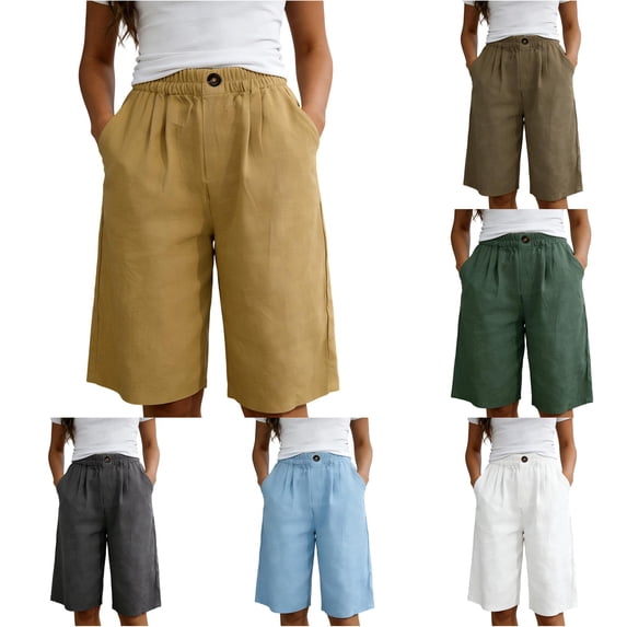 Gyujnb Women High Waist Cotton Bermuda Shorts Button Pleated Loose Breathable Summer Shorts with Pockets,Yellow